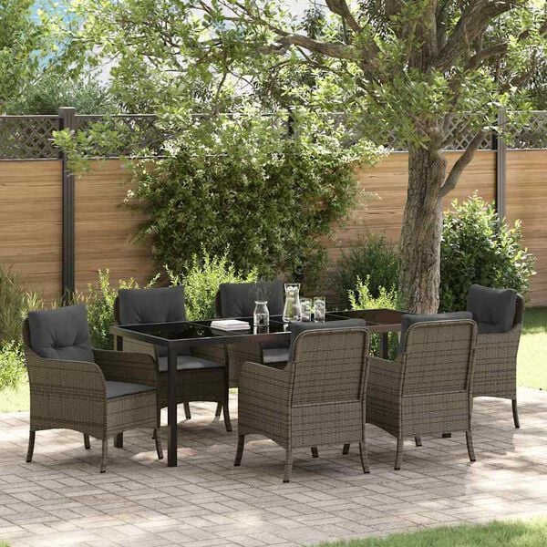vidaXL Set da Pranzo per Giardino con cuscino 7 pcs Grigio polyrattan