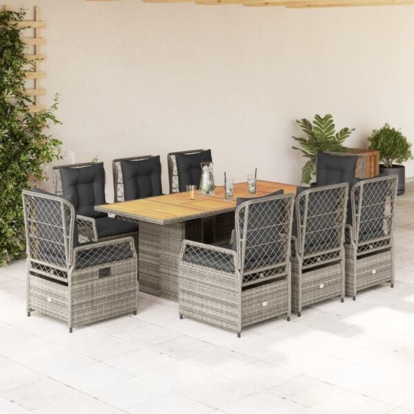 vidaXL Set da Pranzo da Giardino 9 pz con Cuscini in Polyrattan Grigio