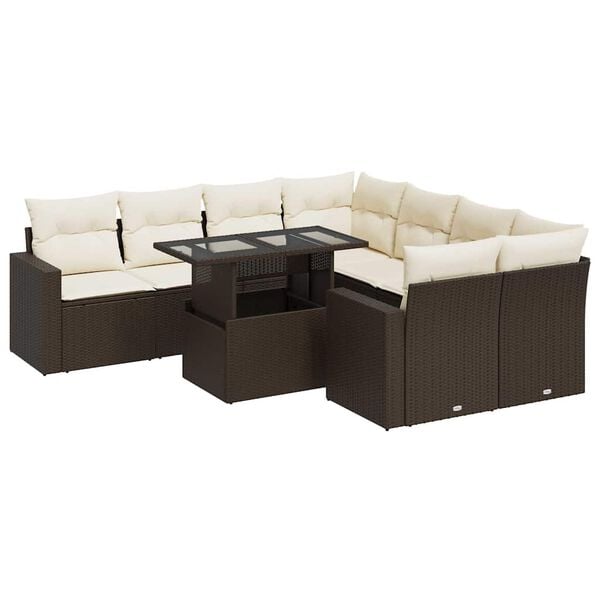 vidaXL Set Divani da Giardino 9pz con Cuscini Marrone in Polyrattan