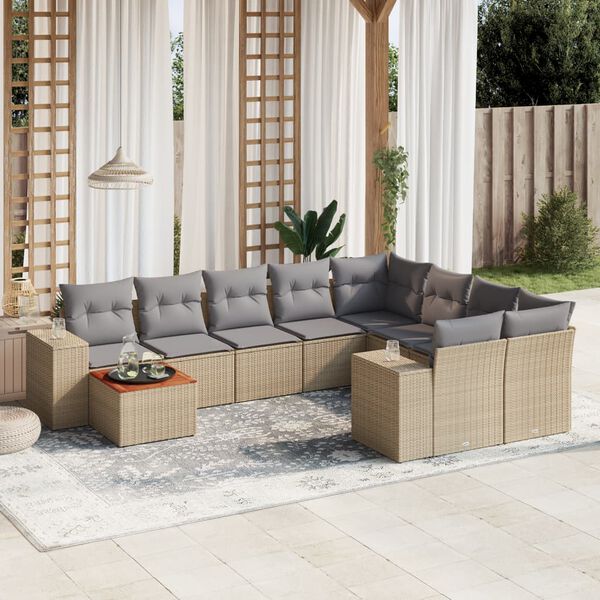 vidaXL Set Divano da Giardino 10 pz con Cuscini Beige in Polyrattan