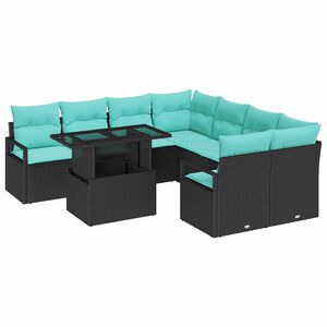 vidaXL Set Divano da Giardino con cuscino 9 pcs Nero e Blu polyrattan