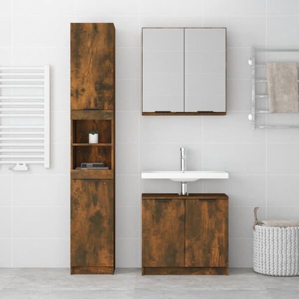 vidaXL Set Mobili da Bagno 3 pz Rovere Fumo in Legno Multistrato
