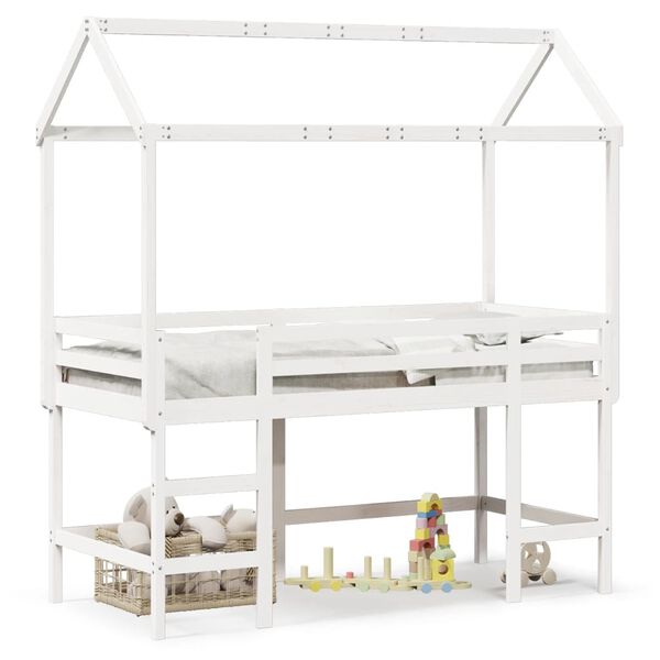vidaXL Letto Soppalco con Scala e Tetto Bianco 90x200 cm Massello Pino