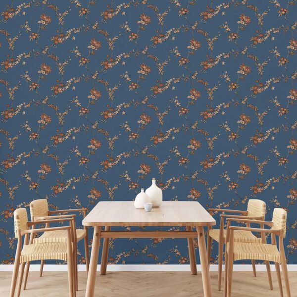 DUTCH WALLCOVERINGS Carta da Parati Flower Blu Scuro e Bronzo