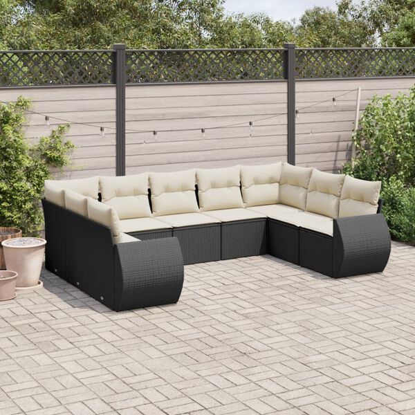 vidaXL Set Divani da Giardino 9 pz con Cuscini Nero in Polyrattan