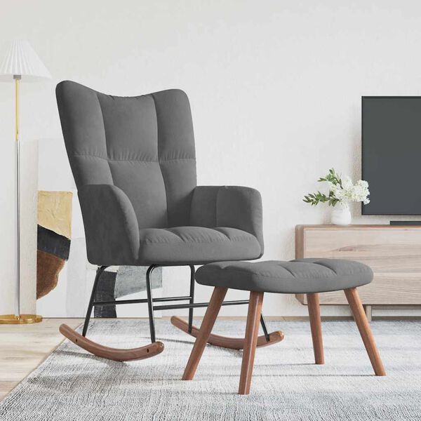 vidaXL Poltrona a Dondolo con Poggiapiedi Grigio Scuro in Velluto