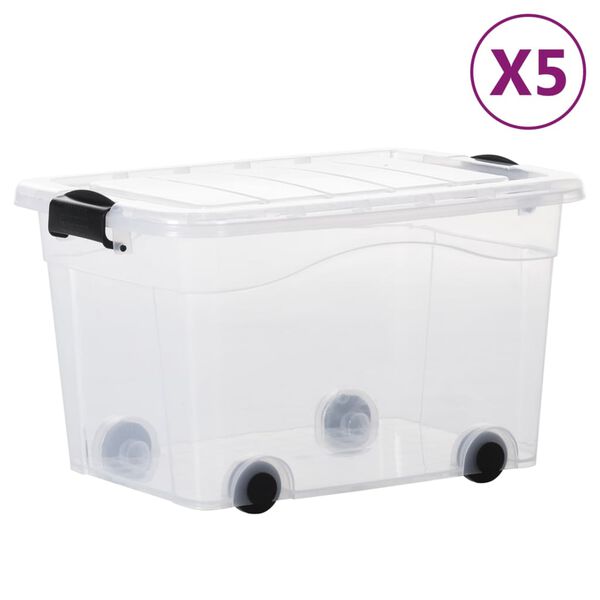 vidaXL Scatole con Ruote e Coperchio 5 pz Trasparenti 40 L