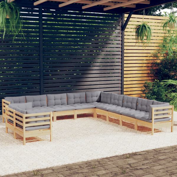 vidaXL Set Divani da Giardino 11 pz con Cuscini Grigi Massello di Pino