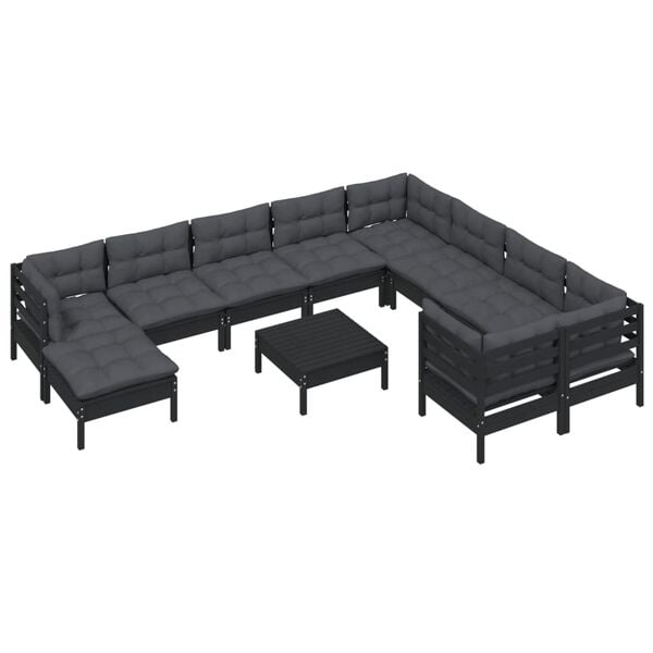 vidaXL Set Divani da Giardino 11 pz con Cuscini in Legno di Pino Nero