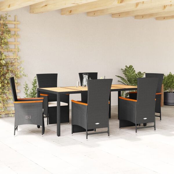 vidaXL Set da Pranzo da Giardino 7 pz Nero con Cuscini in Polyrattan