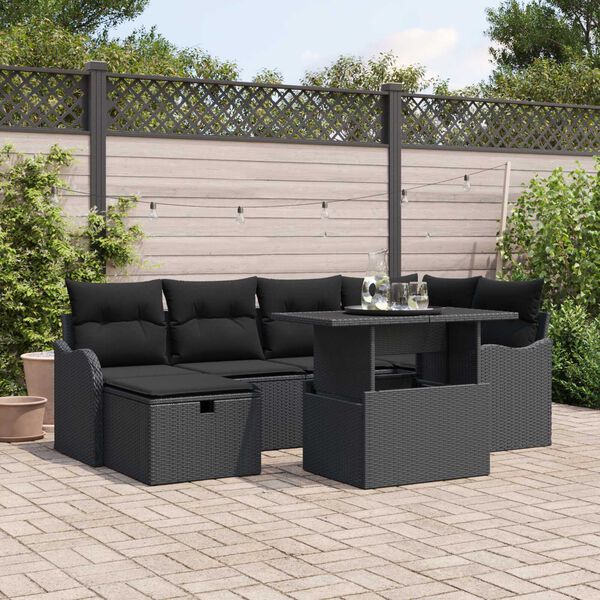 vidaXL Set Divano da Giardino con cuscino 7 pcs Nero Poly Rattan