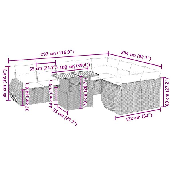 vidaXL Set Divano da Giardino 10 pz con Cuscini Beige in Polyrattan