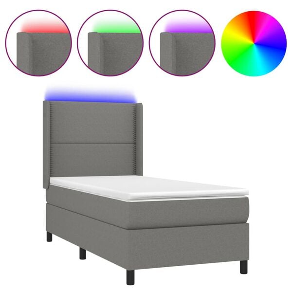 vidaXL Letto a Molle Materasso e LED Grigio Scuro 80x200 cm in Tessuto