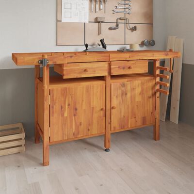 Banco Lavoro Gecheer In Legno Massello Acacia – 92x48x83 Cm, Con Cassetto, Ripiano E 2 Morse