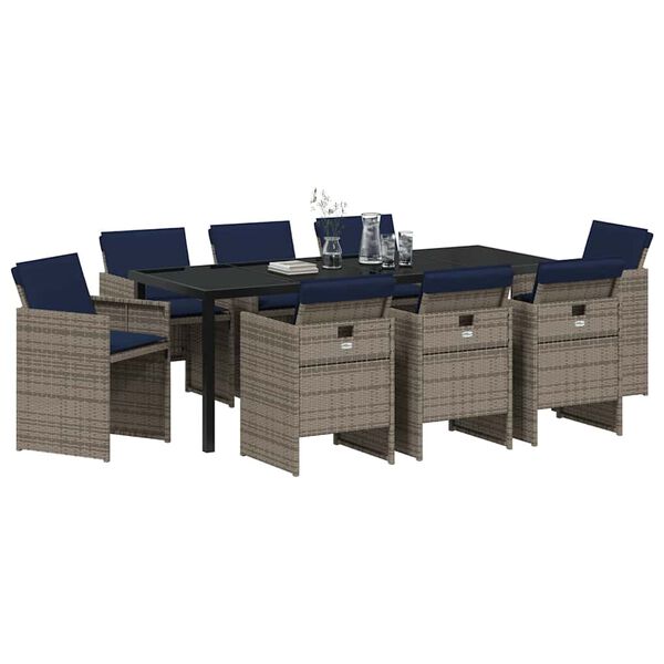 vidaXL Set da Pranzo per Giardino con cuscino 9 pcs Grigio polyrattan