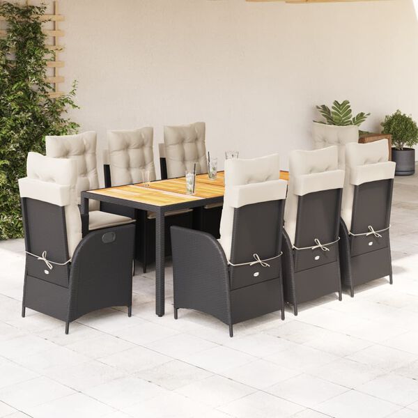 vidaXL Set da Pranzo da Giardino 9 pz con Cuscini Nero in Polyrattan