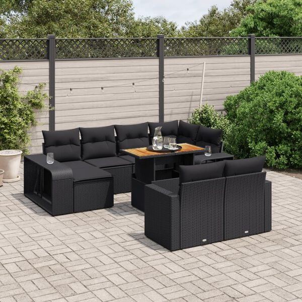 vidaXL Set Divani da Giardino 11 pz con Cuscini in Polyrattan Nero