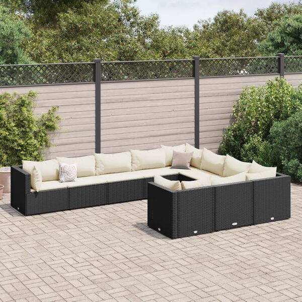 vidaXL Set Divani da Giardino 10pz con Cuscini in Polyrattan Nero