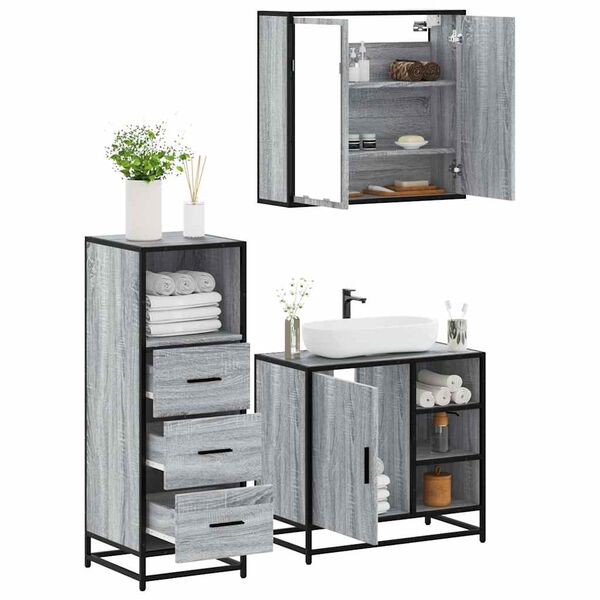 vidaXL Set Mobili da Bagno 3 pz Grigio Sonoma in Legno Multistrato