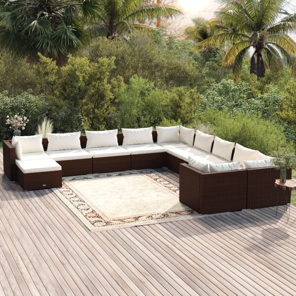 vidaXL Set Mobili da Giardino 11 pz con Cuscini in Polyrattan Marrone