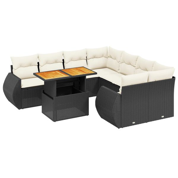 vidaXL Set Divani da Giardino 9 pz con Cuscini Nero in Polyrattan