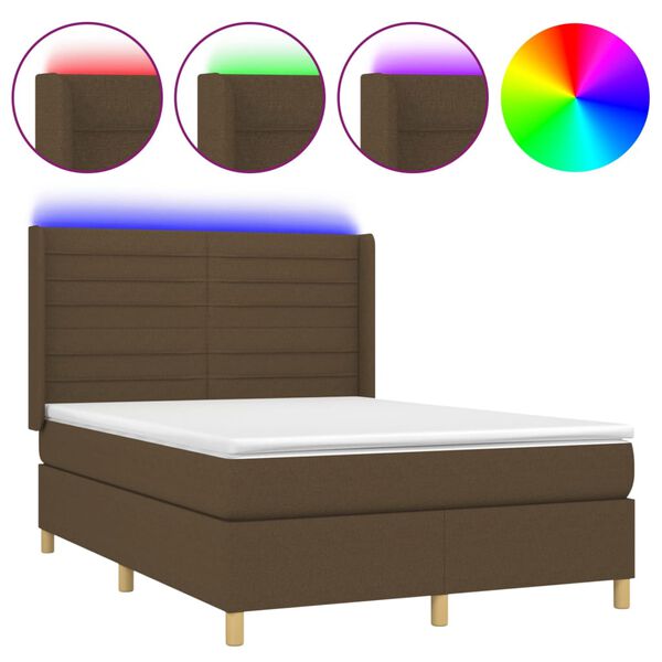 vidaXL Letto a Molle Materasso e LED MarroneScuro 140x190cm in Tessuto