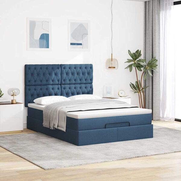 vidaXL Struttura Letto Pouf con Materasso Blu 140x200cm in Tessuto