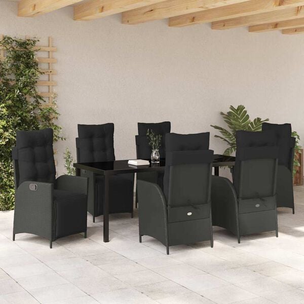 vidaXL Set da Pranzo per Giardino con cuscino 7 pcs Nero polyrattan