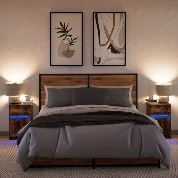 vidaXL Comodini con Luci LED 2pz Rovere Fumo in Legno Multistrato