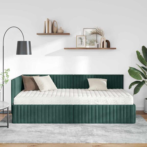 vidaXL Struttura Letto Angolare con Materasso 2 pcs Verde Velluto