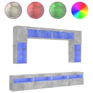 vidaXL Set Mobili TV a Muro 8 pz con Luci LED Grigio Cemento