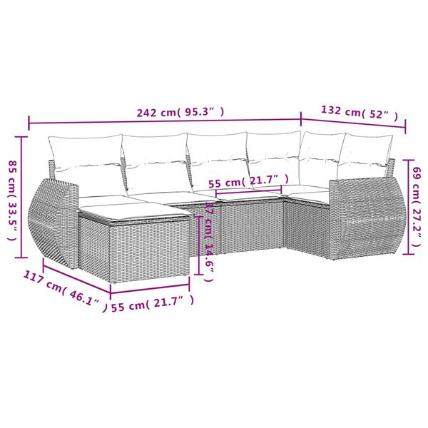 vidaXL Set Divano da Giardino 6pz con Cuscini Grigio Chiaro Polyrattan