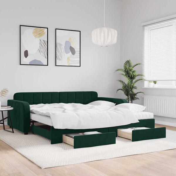 vidaXL Divano Letto Estraibile Cassetti Verde Scuro 100x200cm Velluto