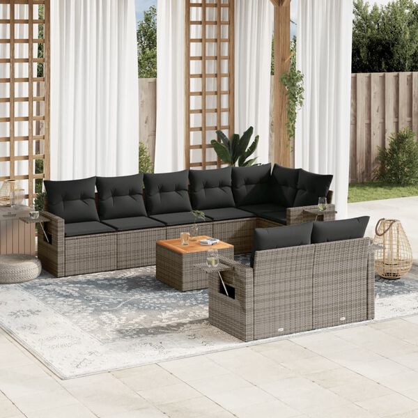 vidaXL Set Divano da Giardino 9 pz con Cuscini Grigio in Polyrattan