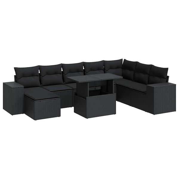 vidaXL Set Divani da Giardino 9 pz con Cuscini Nero in Polyrattan