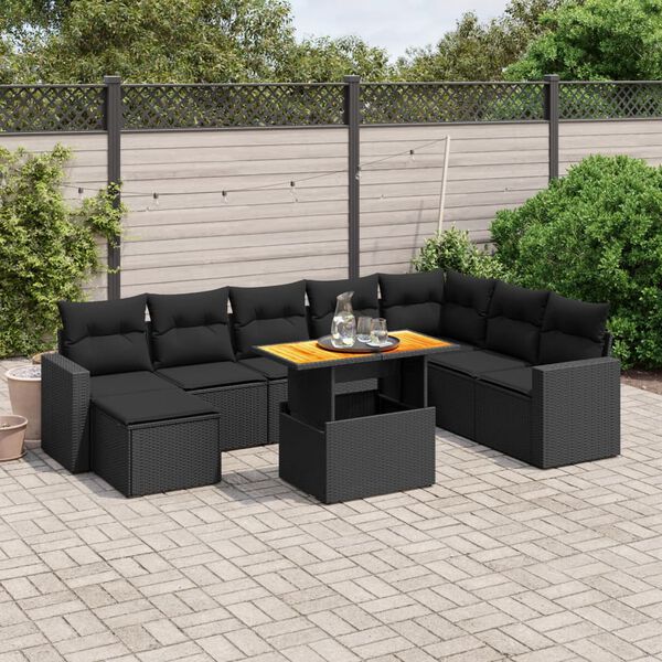 vidaXL Set Divani da Giardino 9 pz con Cuscini Nero in Polyrattan