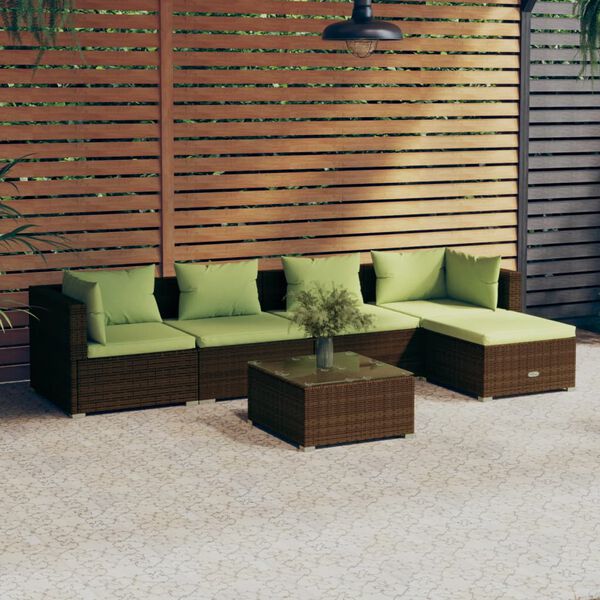 vidaXL Set Divani da Giardino 6 pz con Cuscini in Polyrattan Marrone