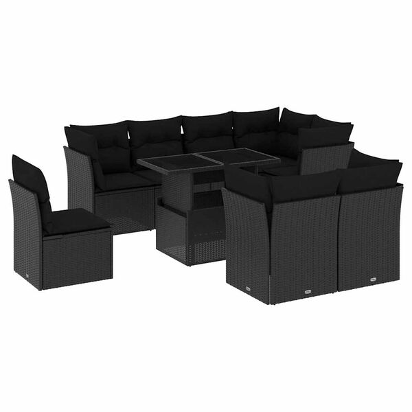 vidaXL Set Divani da Giardino 9 pz con Cuscini Nero in Polyrattan