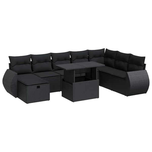 vidaXL Set Divani da Giardino 9 pz con Cuscini Nero in Polyrattan