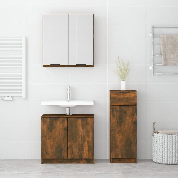 vidaXL Set Mobili da Bagno 3 pz Rovere Fumo in Legno Multistrato