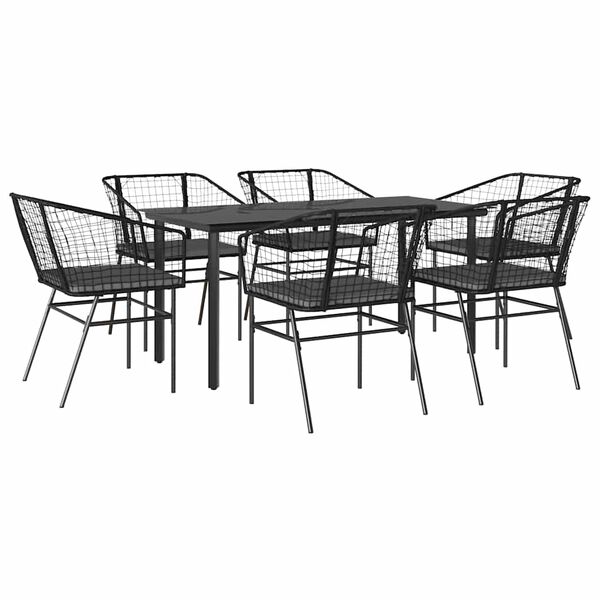 vidaXL Set Pranzo da Giardino 7 pz Nero con Cuscini Polyrattan Vetro