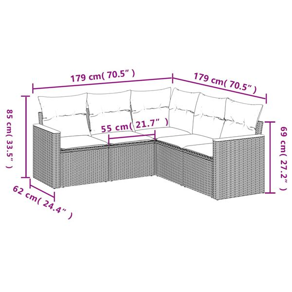vidaXL Set Divano da Giardino 5 pz con Cuscini Grigio in Polyrattan