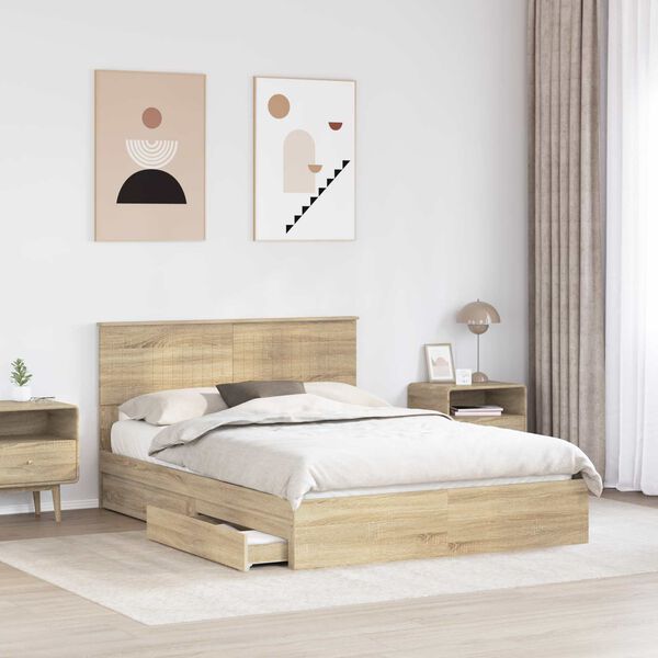 vidaXL Letto con Contenitore con testiera Rovere Sonoma 135 x 190 cm