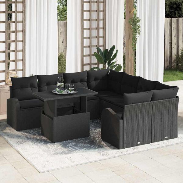 vidaXL Set Divano da Giardino con archiviazione 9 pcs Nero polyrattan