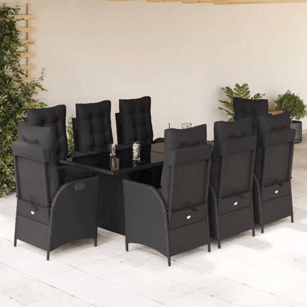 vidaXL Set da Pranzo da Giardino 9 pz con Cuscini Nero in Polyrattan