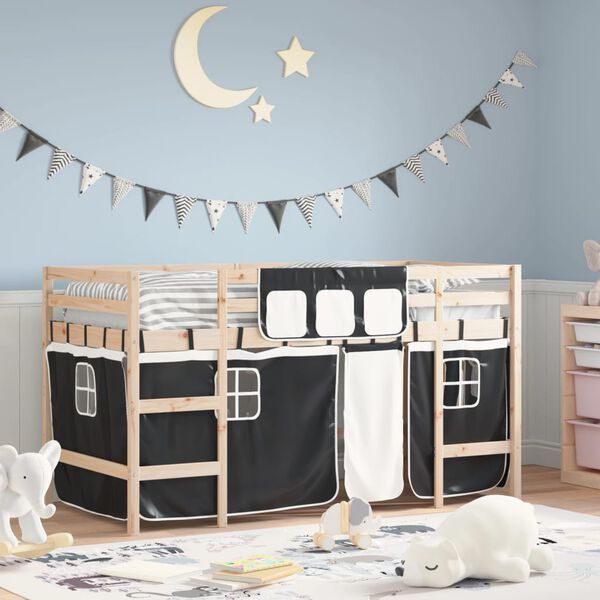 vidaXL Letto a Soppalco con Tende Bambini Bianco e Nero 90x200 cm Pino