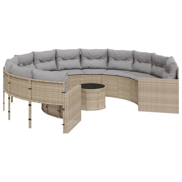 vidaXL Divano Giardino con Tavolo e Cuscini Circolare Beige Polyrattan