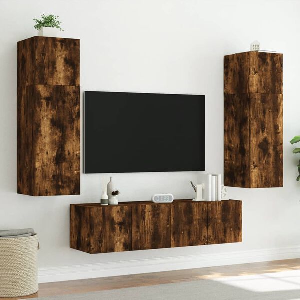vidaXL Mobili TV a Muro con LED 6pz Rovere Fumo in Legno Multistrato
