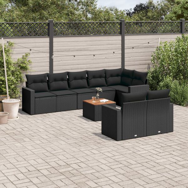 vidaXL Set Divani da Giardino 9 pz con Cuscini Nero in Polyrattan