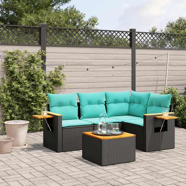 vidaXL Set Divani da Giardino 5 pz con Cuscini Nero in Polyrattan
